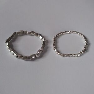 Silver Metal bead bracelets, stretchy cube beaded bracelets as a pair.